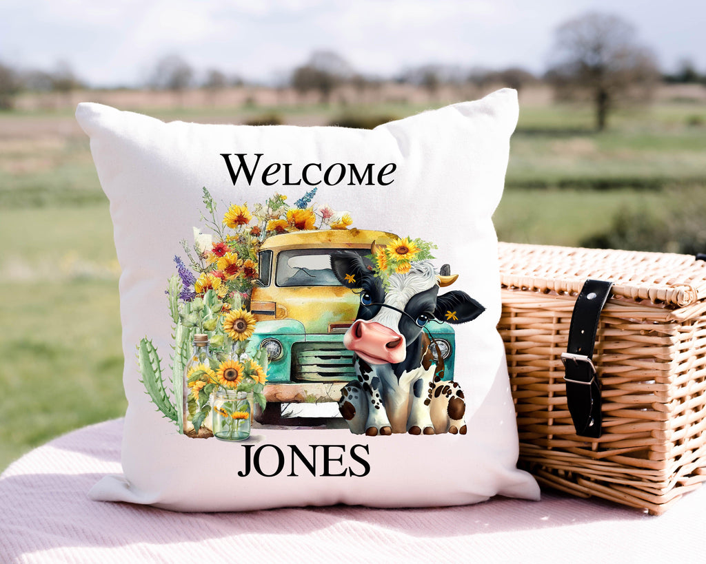 Personalized vintage with sunflowers and a cow