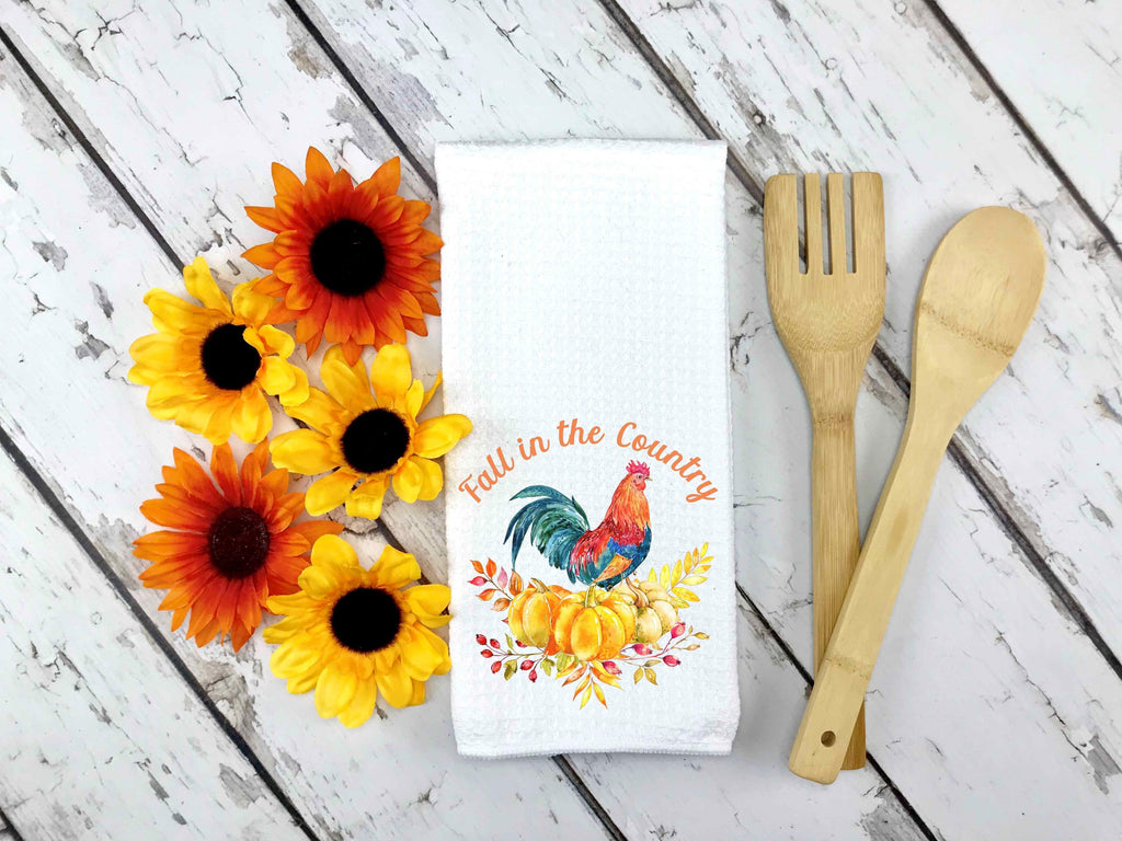 Rooster fall in the country fall gourds and pumpkins kitchen waffle weave towel