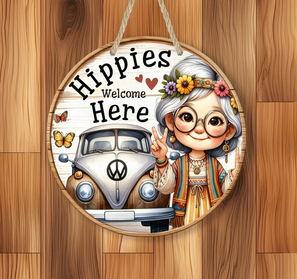 Hippies Welcome Here Sign, Boho Home Decor, Retro Wall Art, Vintage Hippie Sign, Flower Child Decor, Peace and Love Door Hanger, Groovy Home Accent, 60s Theme Wall Sign, Bohemian Rustic Wall Art, Colorful Hippie Chic Decor