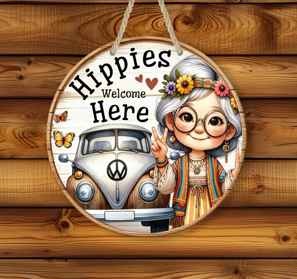 Hippies Welcome Here Sign, Boho Home Decor, Retro Wall Art, Vintage Hippie Sign, Flower Child Decor, Peace and Love Door Hanger, Groovy Home Accent, 60s Theme Wall Sign, Bohemian Rustic Wall Art, Colorful Hippie Chic Decor