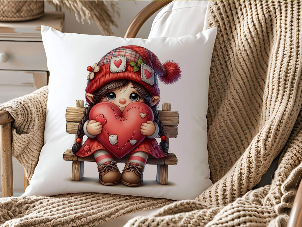 Personalized Valentine's Day pillow featuring a cute gnome girl holding a stitched heart. Custom name farmhouse throw pillow, romantic home decor, perfect gift for her or couples. 18x18 white canvas or natural beige linen with hidden zipper at bottom - Personalized Kreation