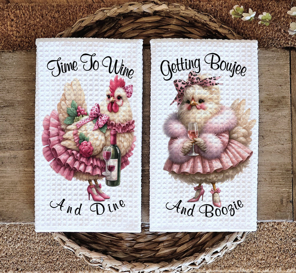 Funny wine kitchen towels featuring stylish boujee chickens dressed up with wine glasses and bottles. Perfect for farmhouse kitchen decor, wine lovers, and rustic country-themed homes. Soft, absorbent, and decorative dish towel set for gifting and everyday use - Personalized Kreaion