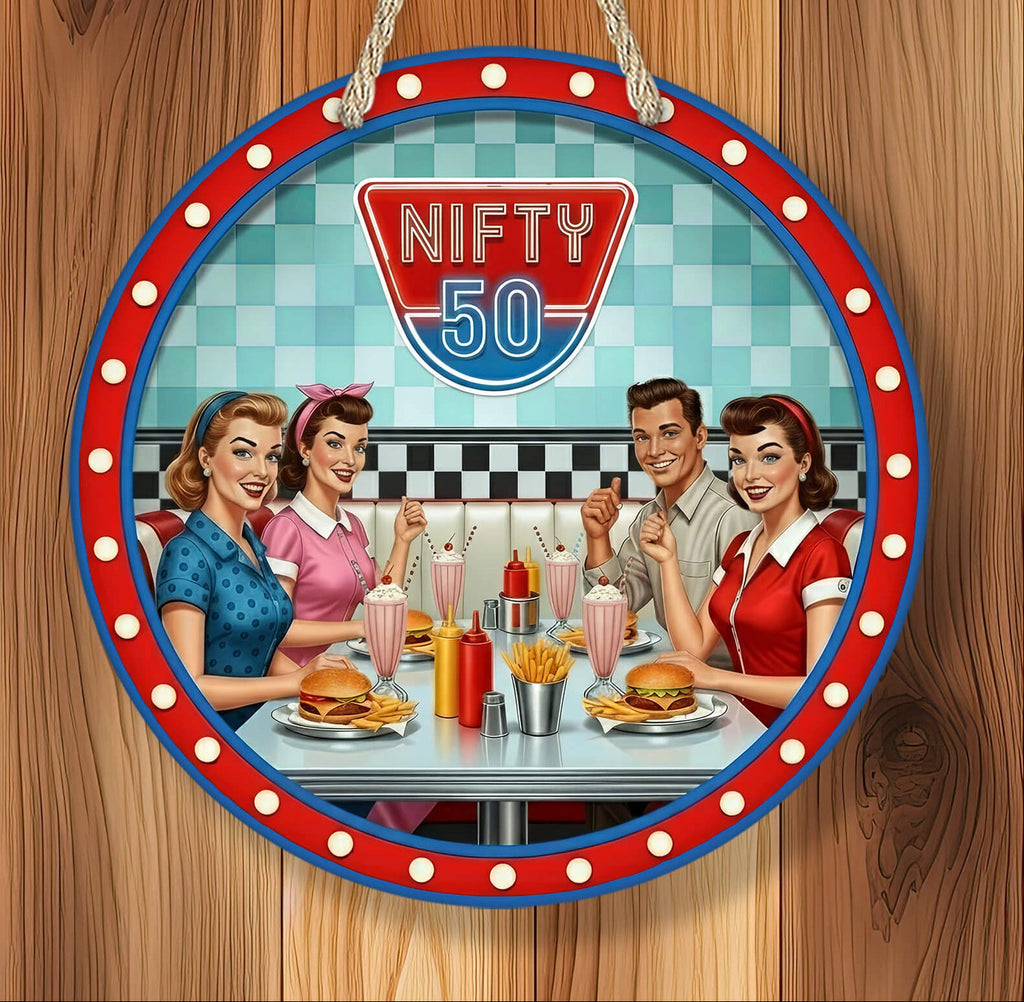Circular sign with 'Nifty 50' design featuring vintage-style illustration of people at a diner.