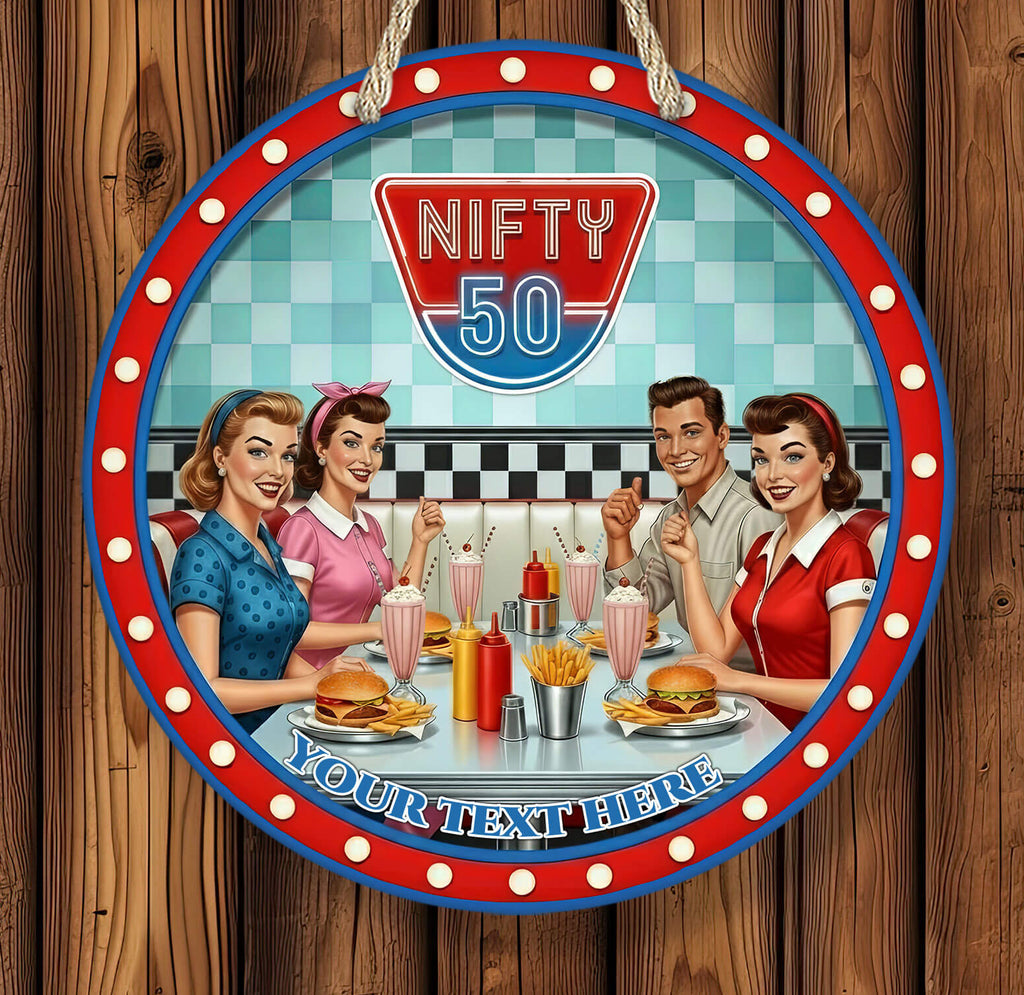 Circular sign with retro design of people at a diner, featuring the 'Nifty 50' logo and space for text.