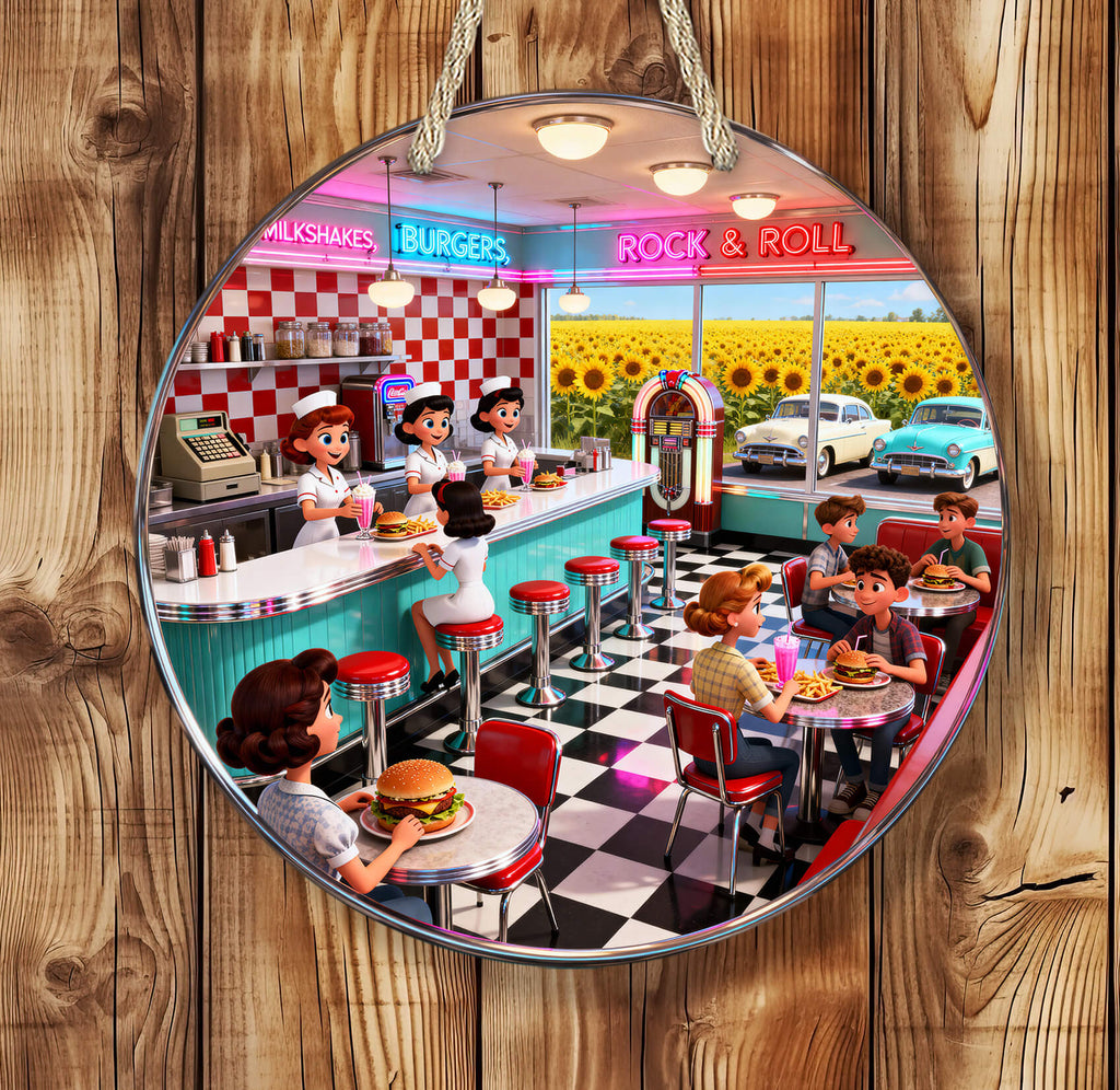 Diner scene with customers and staff, framed by a wooden border
