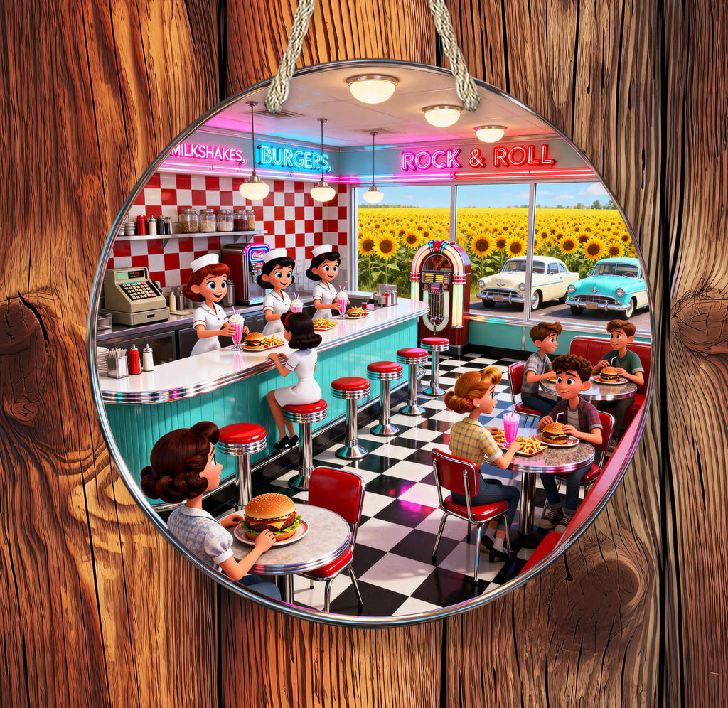 Diner scene with customers and staff, featuring a vintage aesthetic.
