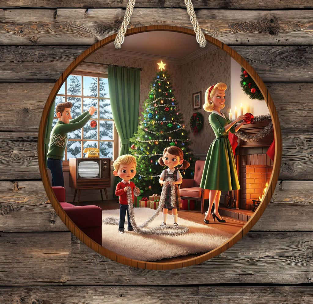 Illustration of a family decorating a Christmas tree in a cozy living room.