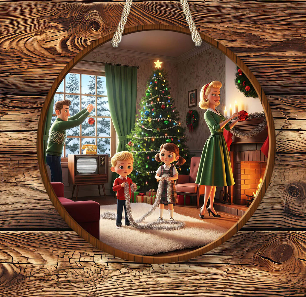 Illustration of a family in a cozy living room with a Christmas tree, framed by a wooden mirror.