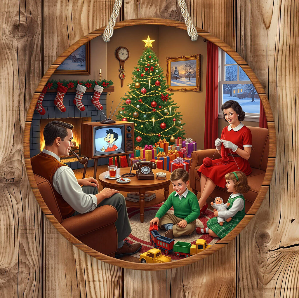 Vintage-style Christmas scene with family in a living room, decorated tree, and presents.