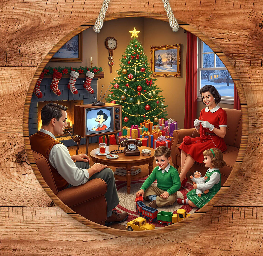 Vintage-style Christmas scene with family around a tree, watching TV, and playing with toys.