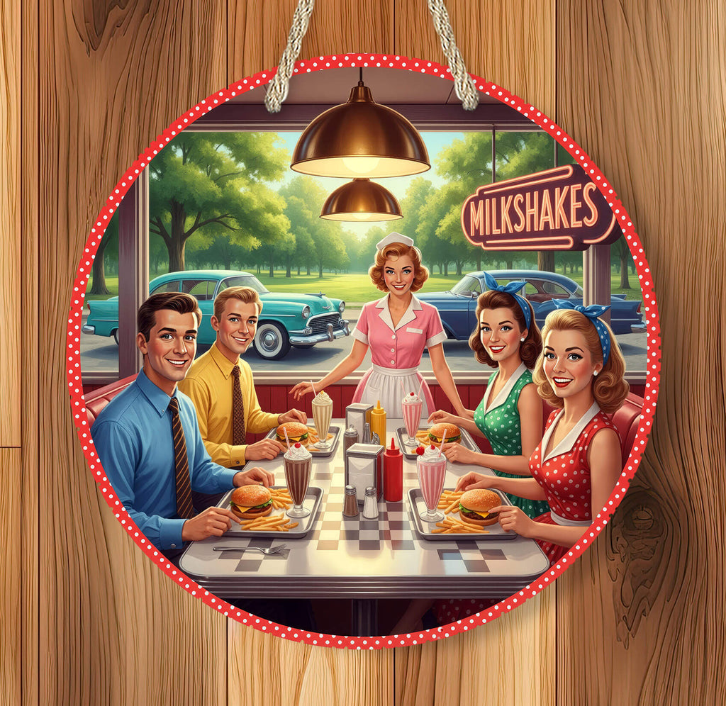 Illustration of a group of people dining at a retro-style diner with a vintage car and 'Milkshakes' sign in the background.