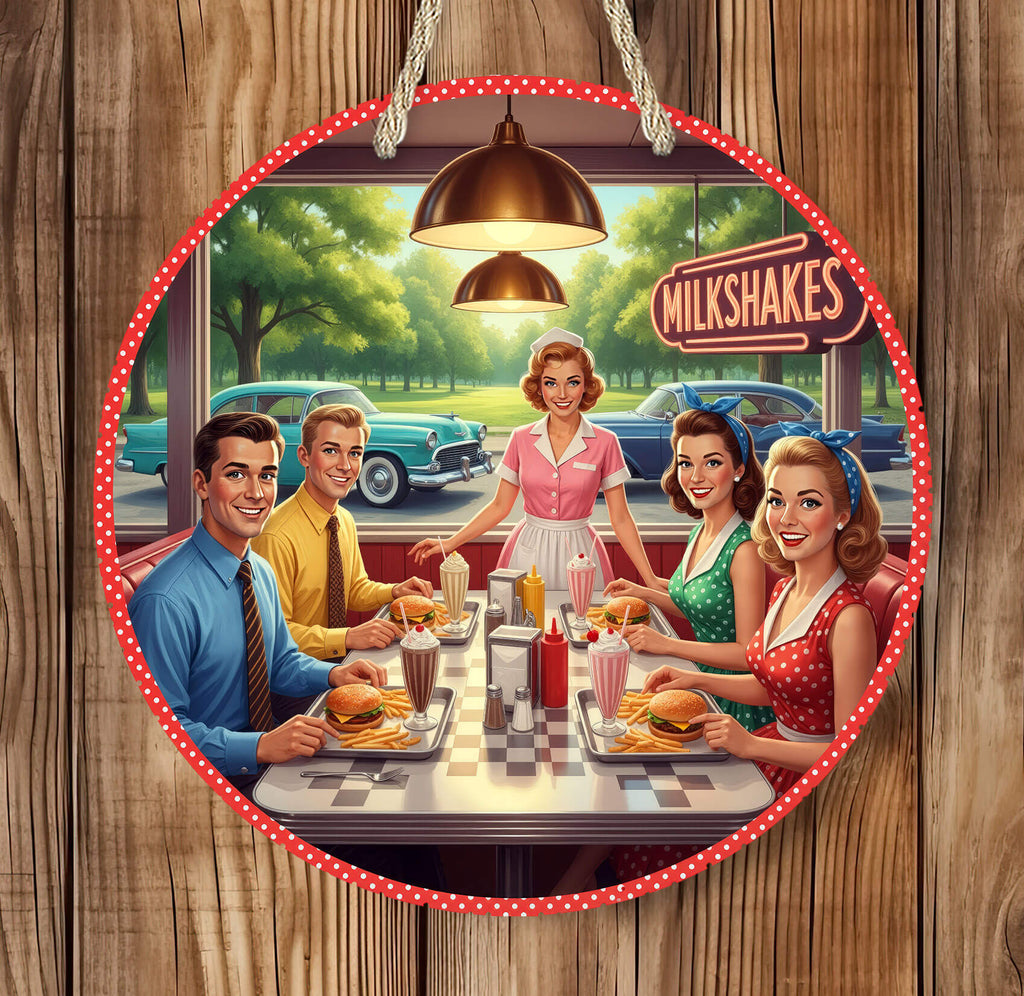 Vintage-style illustration of a group of people dining at a retro-style diner with a 'Milkshakes' sign in the background.