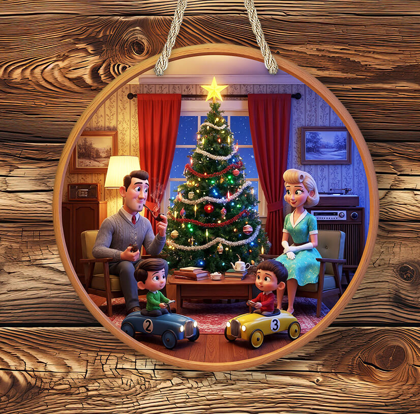 Illustration of a family in a living room with a Christmas tree, framed by wooden texture.