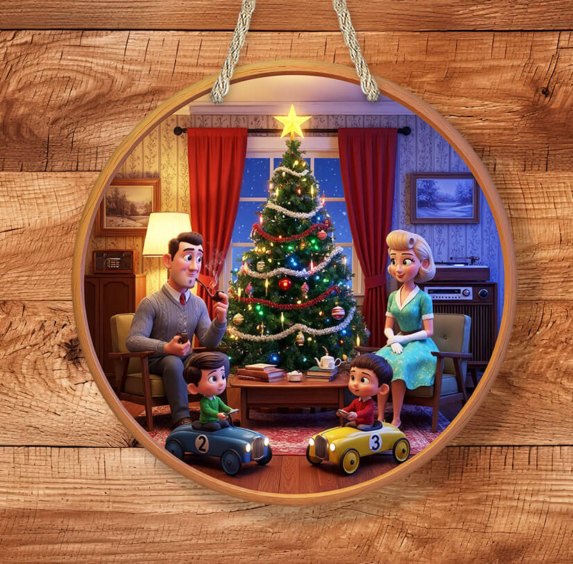 Illustration of a family gathered around a Christmas tree in a cozy living room, framed within a wooden circle.