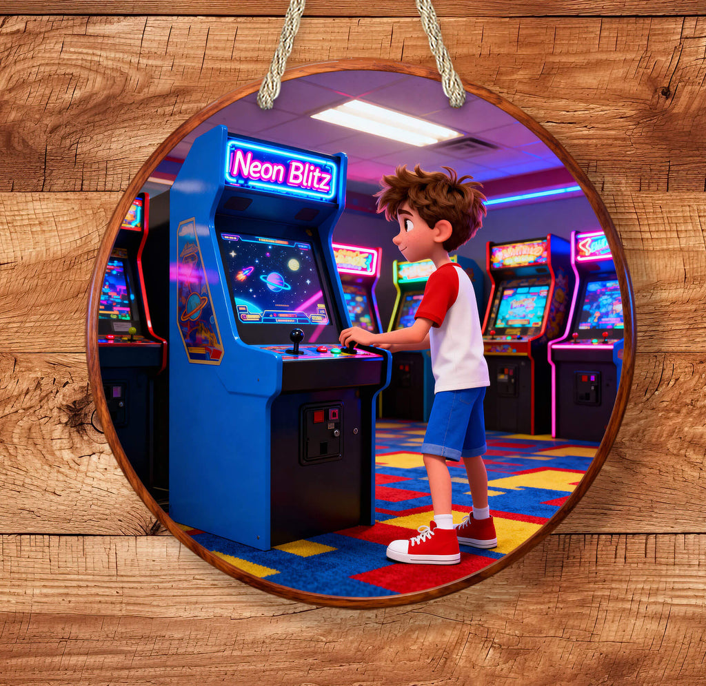 Circular mirror reflecting a child playing an arcade game with 'Neon Blitz' on the screen, against a wooden wall.