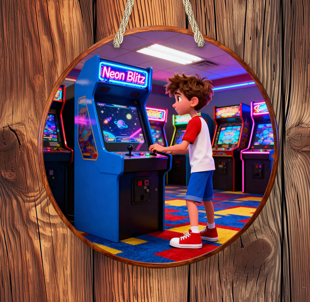 Circular mirror reflecting a boy playing an arcade game in a colorful arcade room.