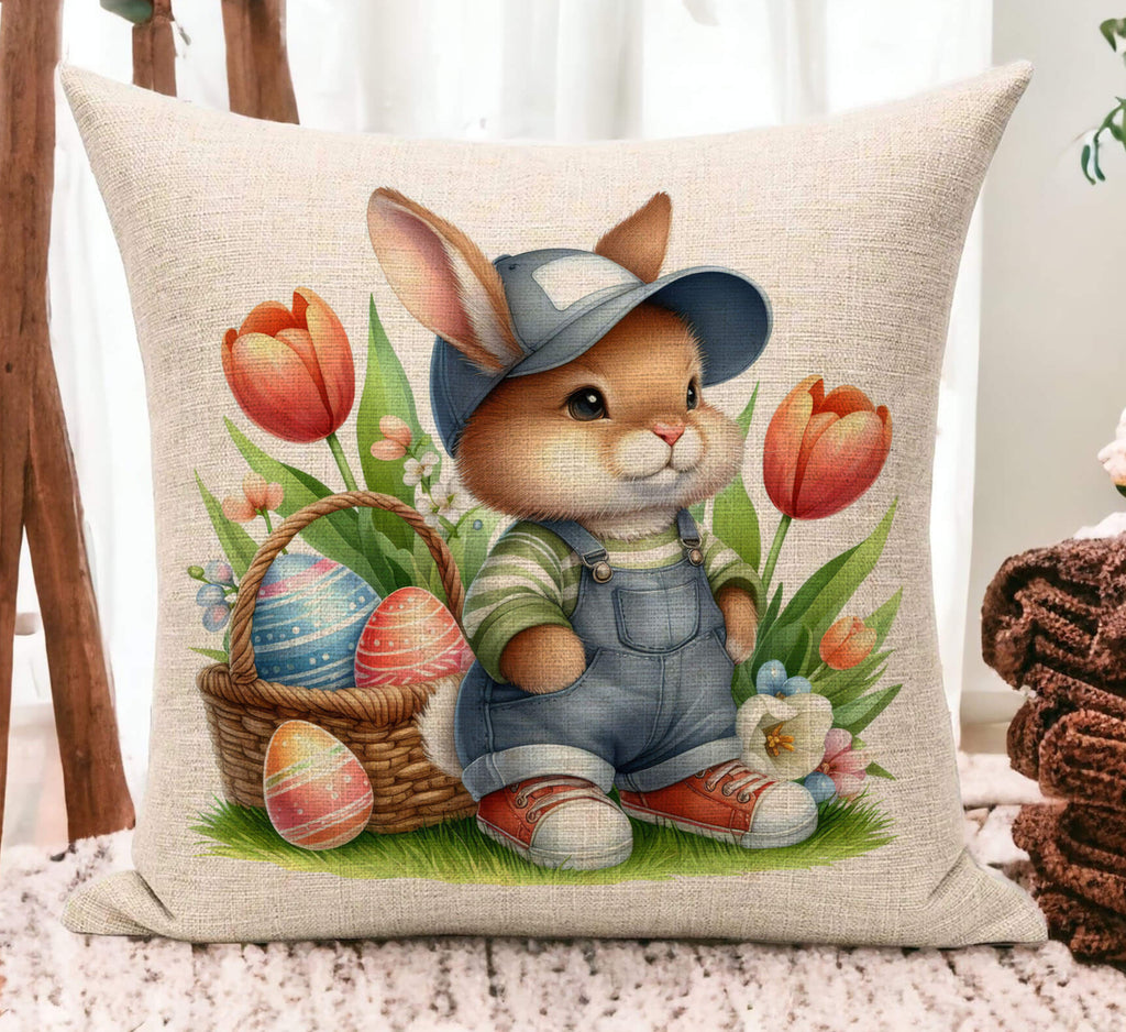 A charming Easter Bunny Pillow featuring a cute bunny wearing overalls and a cap, sitting among vibrant tulips with a woven Easter basket filled with decorated eggs. The soft pillow is placed outdoors on a cozy blanket, surrounded by pastel-colored eggs and fresh spring flowers, creating a warm and inviting springtime ambiance. Perfect for Easter home decor, farmhouse accents, or a delightful gift for bunny lovers - Personalized Kreation