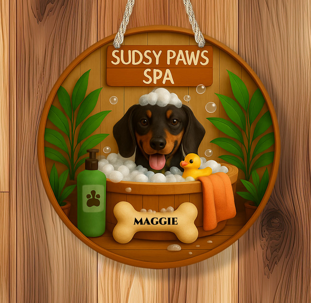Personalized dog bath sign featuring a happy dachshund in a wooden tub with bubbles, towel, rubber duck, and nameplate