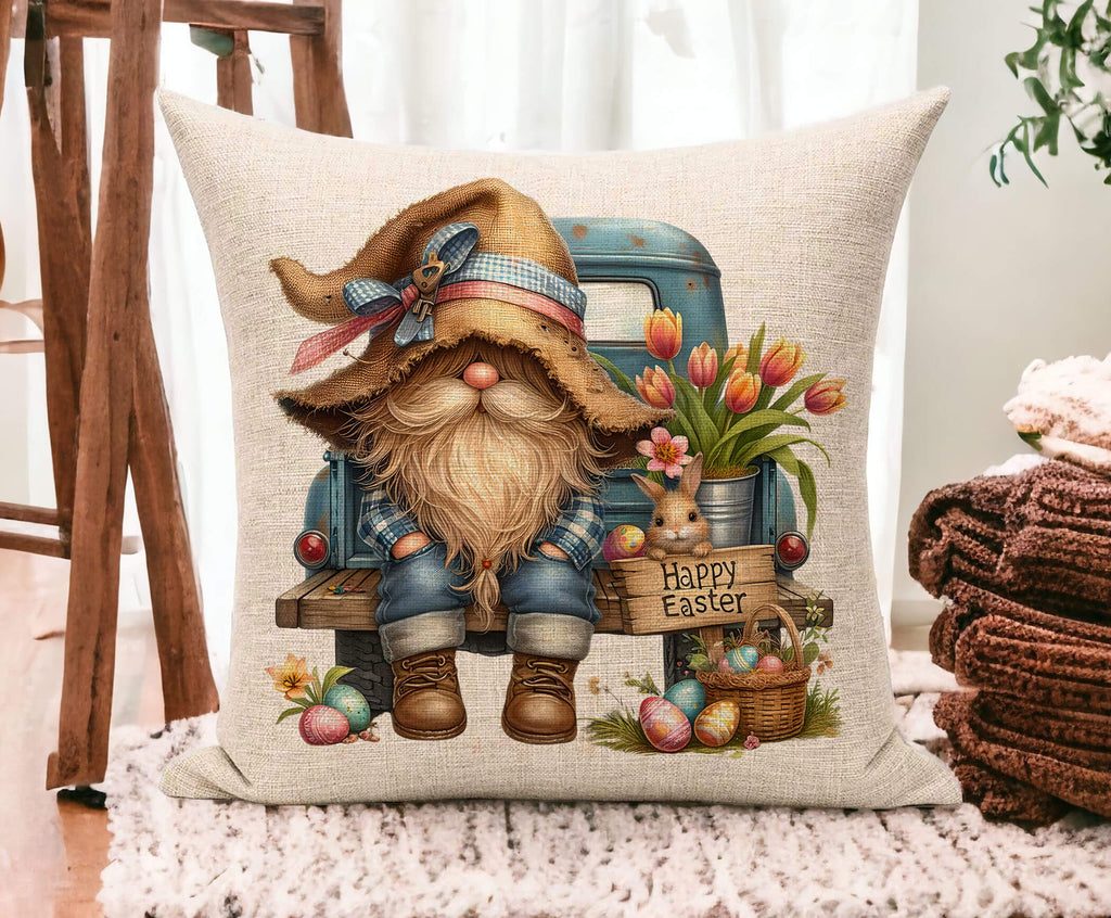 Personalized spring gnome pillow featuring a floral hat, daisy flowers, and a cozy farmhouse aesthetic. Perfect for Easter decor, cottagecore lovers, and rustic home accents. Custom name option available. Ideal for living rooms, bedrooms, and seasonal gifts.