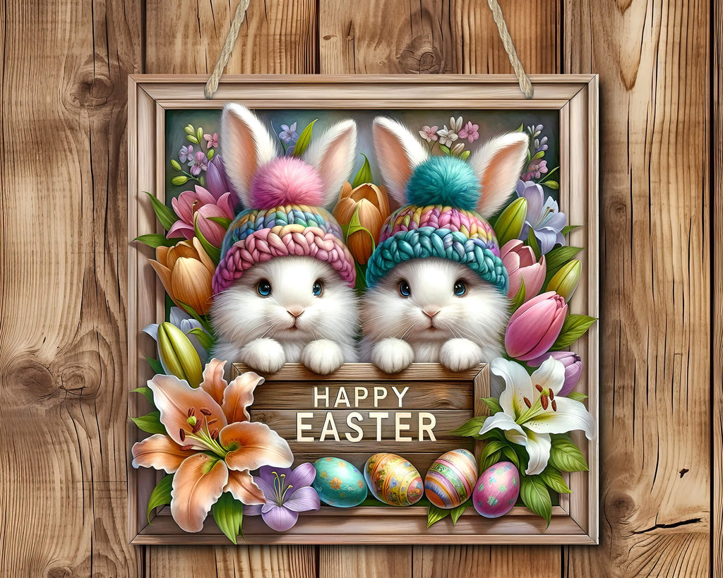 Adorable Happy Easter Bunny Sign featuring two cute bunnies in colorful knit hats, surrounded by vibrant spring flowers and Easter eggs. Perfect for rustic farmhouse Easter decor, this 12x12" hardboard sign adds a festive touch to any home or entryway - Personalized Kreation