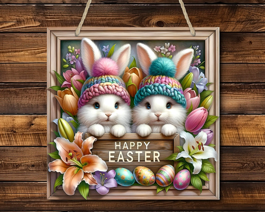 Adorable Happy Easter Bunny Sign featuring two cute bunnies in colorful knit hats, surrounded by vibrant spring flowers and Easter eggs. Perfect for rustic farmhouse Easter decor, this 12x12" hardboard sign adds a festive touch to any home or entryway.