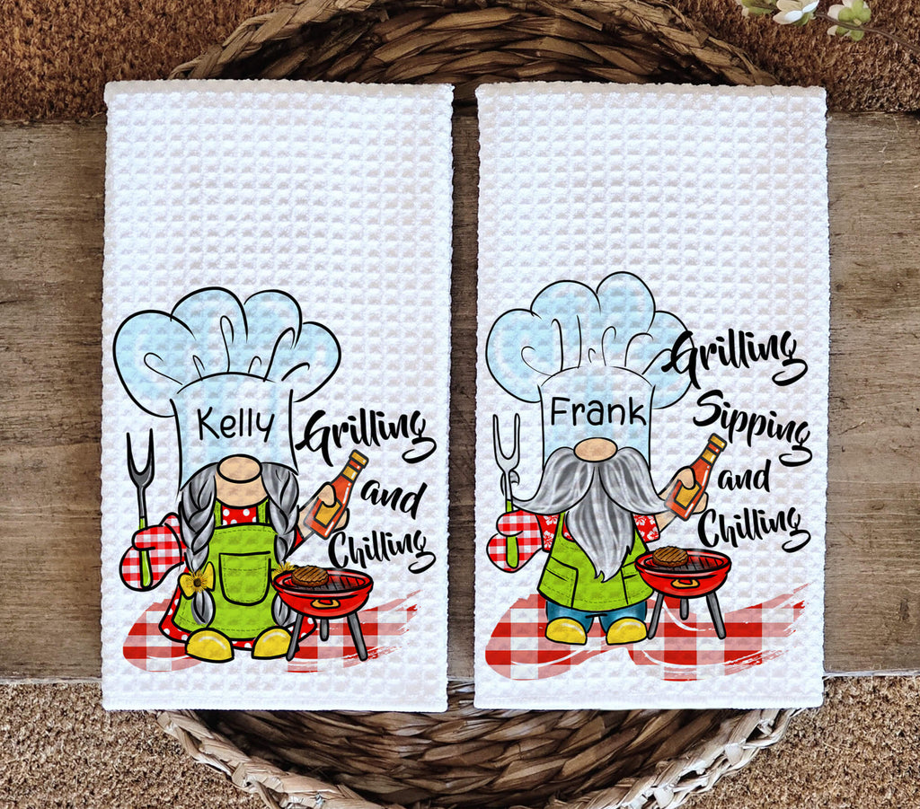 Personalized BBQ Gnome Kitchen Towel featuring cute chef gnome designs with grilling and chilling theme, perfect for outdoor cooking, summer cookouts, and farmhouse kitchen decor - Personalized Kreation