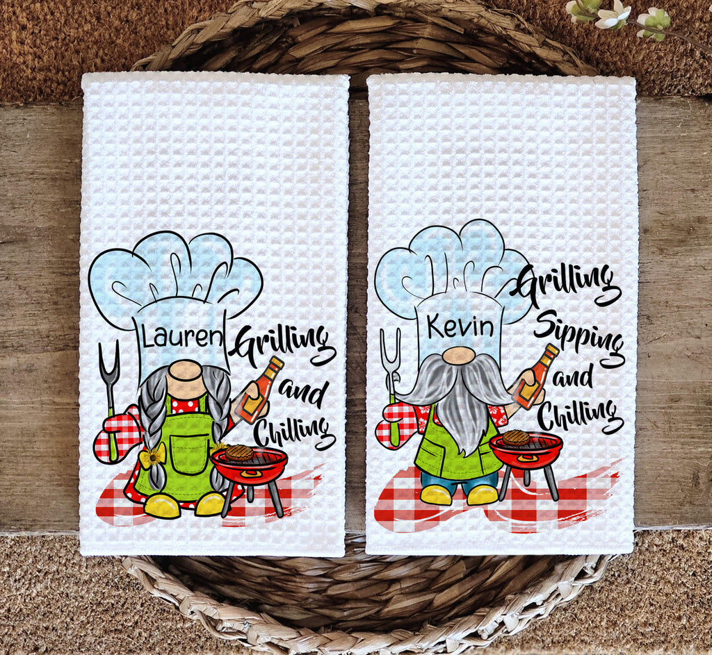 Personalized BBQ Gnome Kitchen Towel featuring cute chef gnome designs with grilling and chilling theme, perfect for outdoor cooking, summer cookouts, and farmhouse kitchen decor - Personalized Kreation