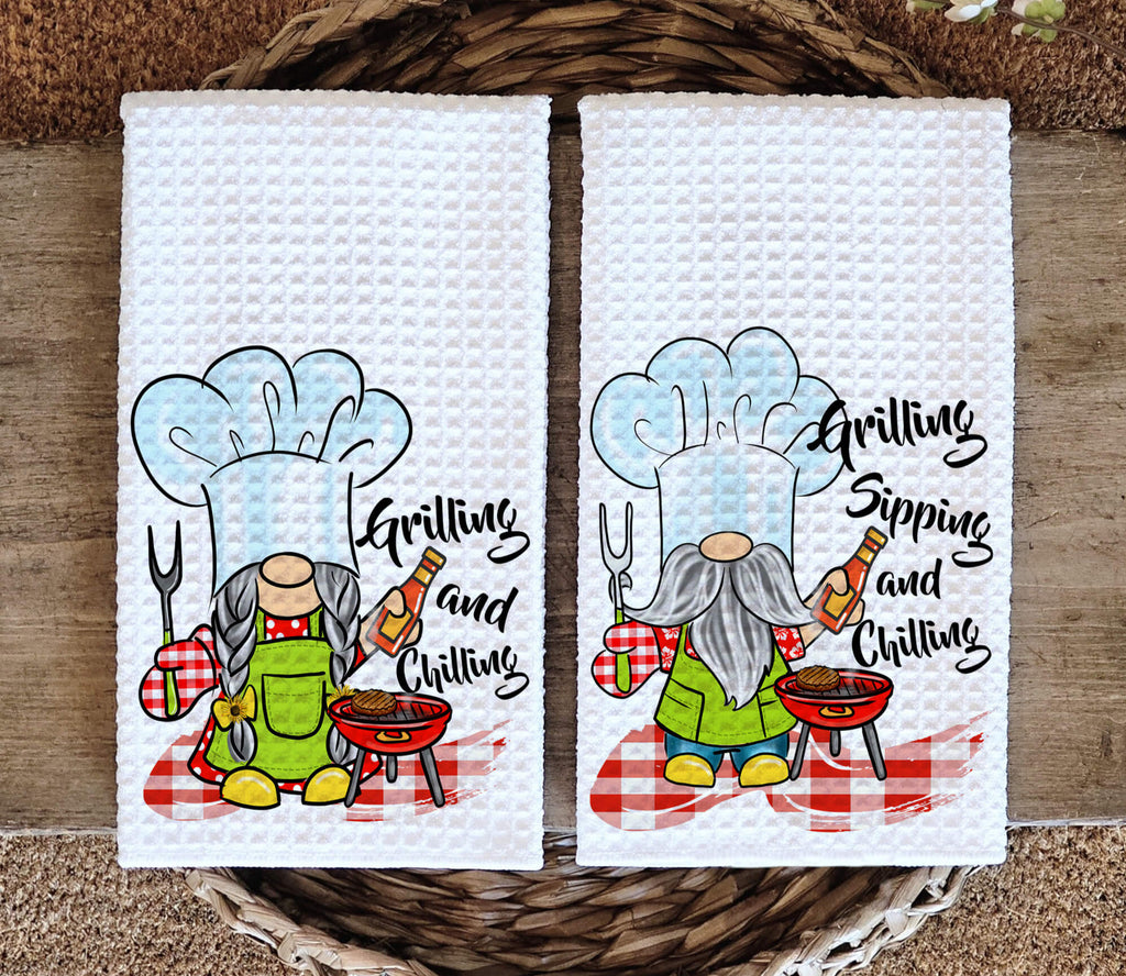 Personalized BBQ Gnome Kitchen Towel featuring cute chef gnome designs with grilling and chilling theme, perfect for outdoor cooking, summer cookouts, and farmhouse kitchen decor - Personalized Kreation