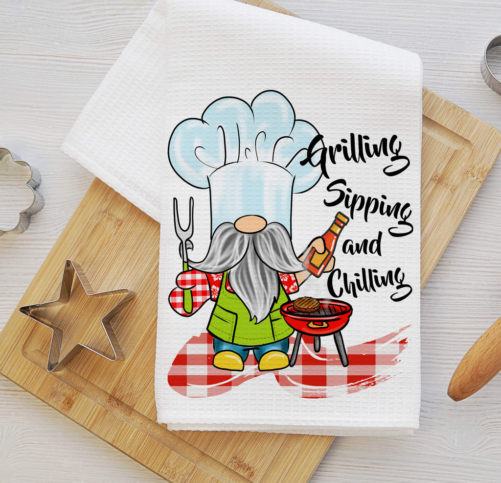 Personalized BBQ Gnome Kitchen Towel featuring cute chef gnome designs with grilling and chilling theme, perfect for outdoor cooking, summer cookouts, and farmhouse kitchen decor - Personalized Kreation