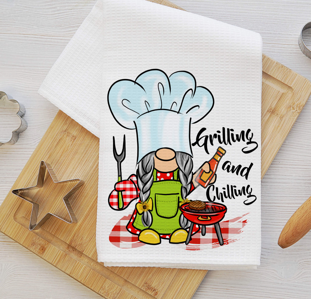 Personalized BBQ Gnome Kitchen Towel featuring cute chef gnome designs with grilling and chilling theme, perfect for outdoor cooking, summer cookouts, and farmhouse kitchen decor - Personalized Kreation