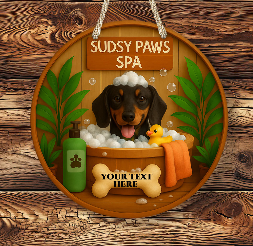 Personalized dog bath sign featuring a happy dachshund in a wooden tub with bubbles, towel, rubber duck, and nameplate