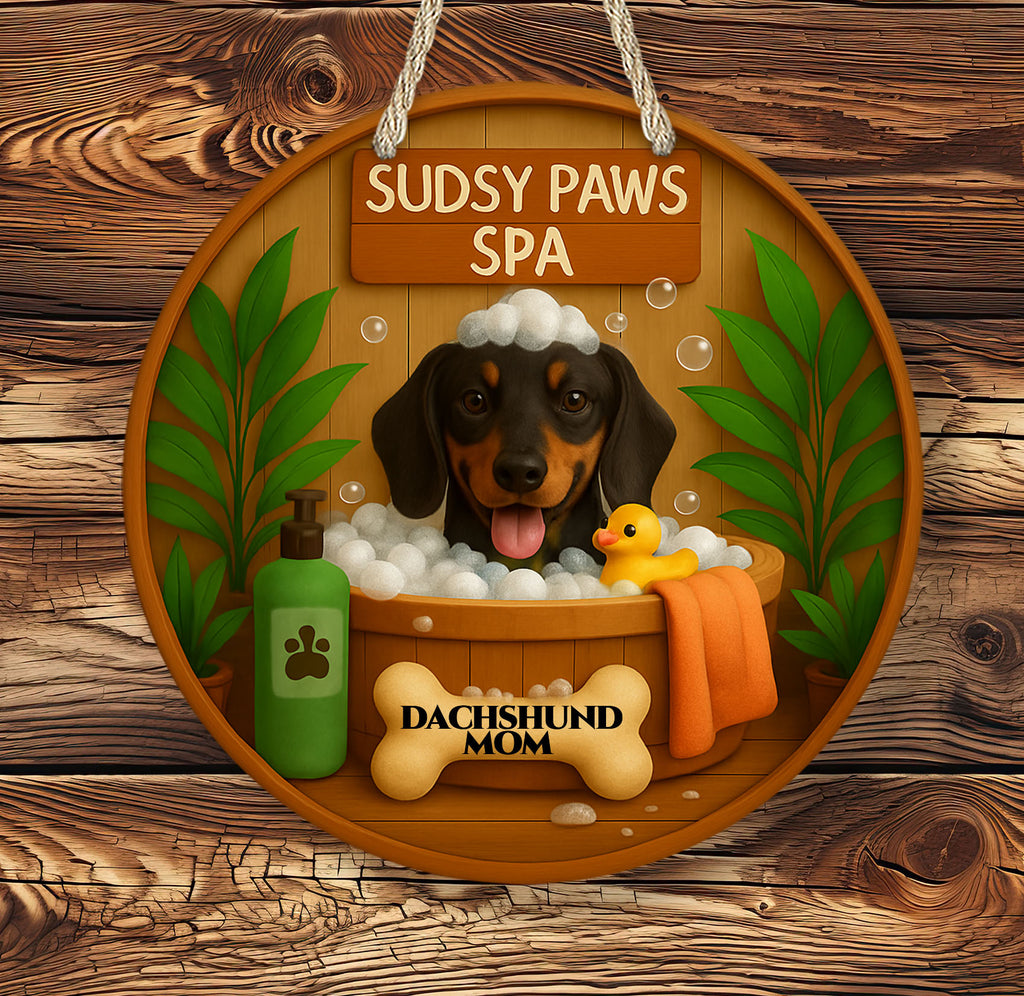 Personalized dog bath sign featuring a happy dachshund in a wooden tub with bubbles, towel, rubber duck, and nameplate