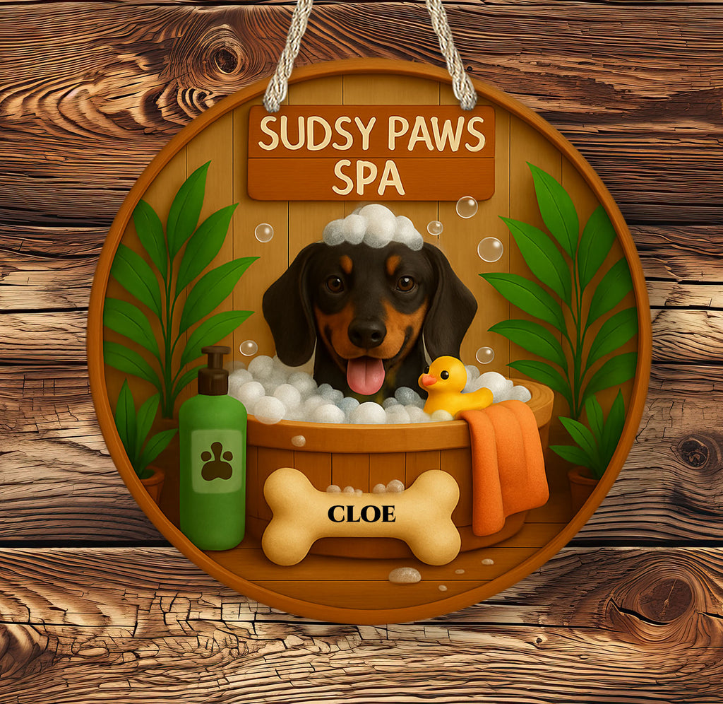 Personalized dog bath sign featuring a happy dachshund in a wooden tub with bubbles, towel, rubber duck, and nameplate