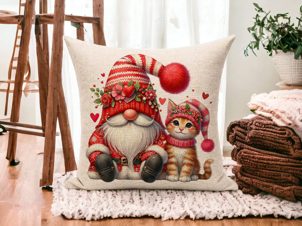 Valentine's Day throw pillow featuring a whimsical gnome and adorable cat with heart and floral accents, perfect for cozy farmhouse decor or a romantic gift