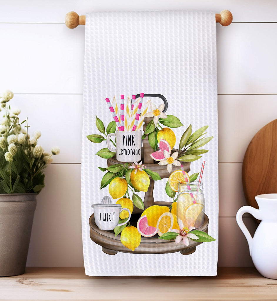 Farmhouse-style Pink Lemonade Tiered Tray Kitchen Towel featuring a rustic lemon-themed design with pink lemonade, fresh lemons, and a country-style tiered tray. Perfect for summer kitchen decor, farmhouse accents, and lemon lovers' home styling - Personalized Kreation