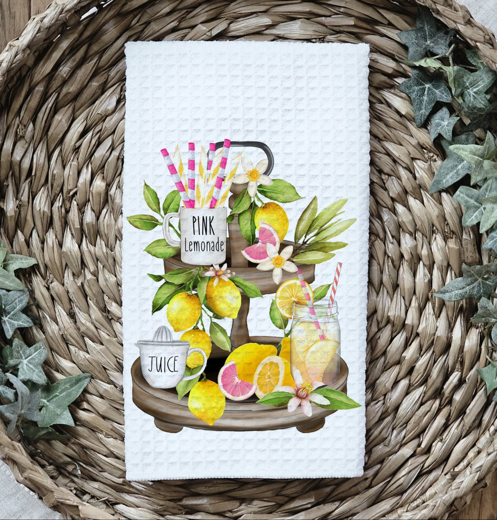 Farmhouse-style Pink Lemonade Tiered Tray Kitchen Towel featuring a rustic lemon-themed design with pink lemonade, fresh lemons, and a country-style tiered tray. Perfect for summer kitchen decor, farmhouse accents, and lemon lovers' home styling - Personalized Kreation