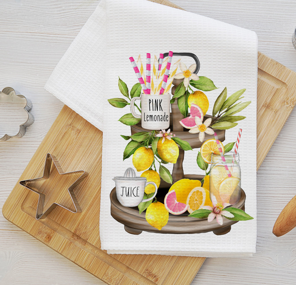 Farmhouse-style Pink Lemonade Tiered Tray Kitchen Towel featuring a rustic lemon-themed design with pink lemonade, fresh lemons, and a country-style tiered tray. Perfect for summer kitchen decor, farmhouse accents, and lemon lovers' home styling - Personalized Kreation