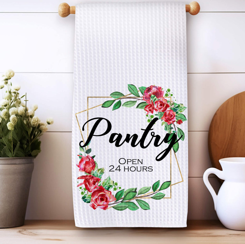 Elegant Pantry Open 24 Hours Kitchen Towel featuring a floral wreath with red roses and green leaves, perfect for farmhouse, rustic, and cottagecore kitchen decor - Personalized Kreation