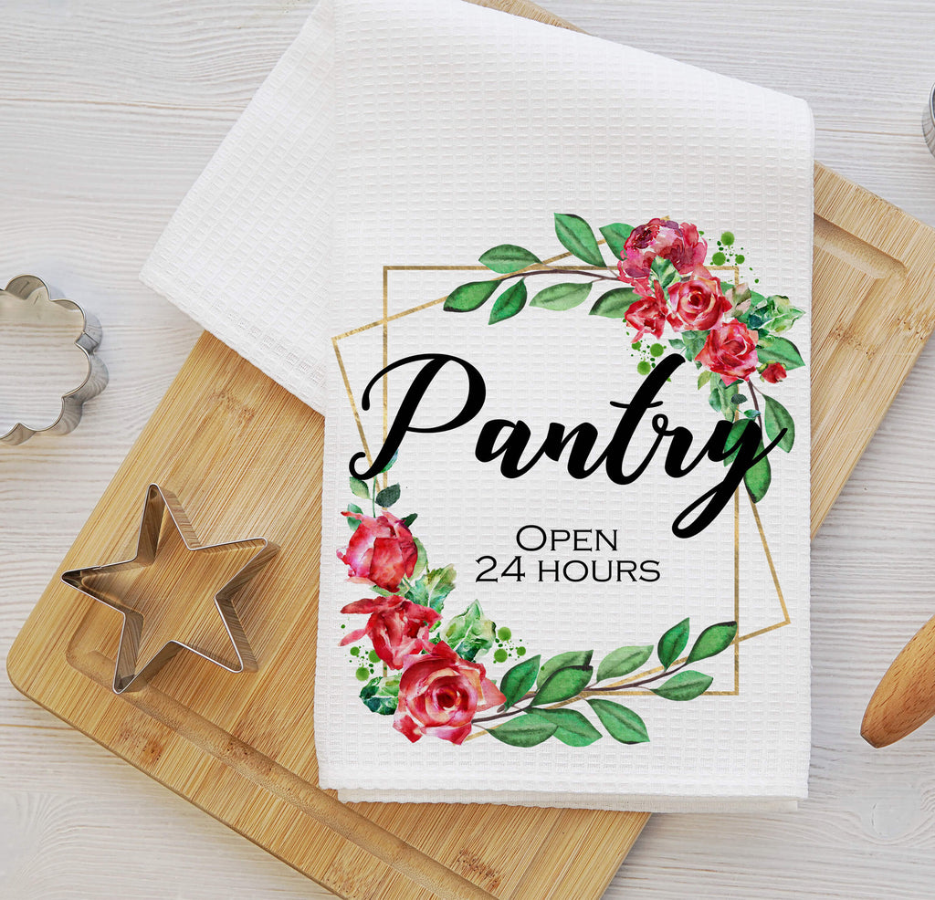 Elegant Pantry Open 24 Hours Kitchen Towel featuring a floral wreath with red roses and green leaves, perfect for farmhouse, rustic, and cottagecore kitchen decor - Personalized  Kreation