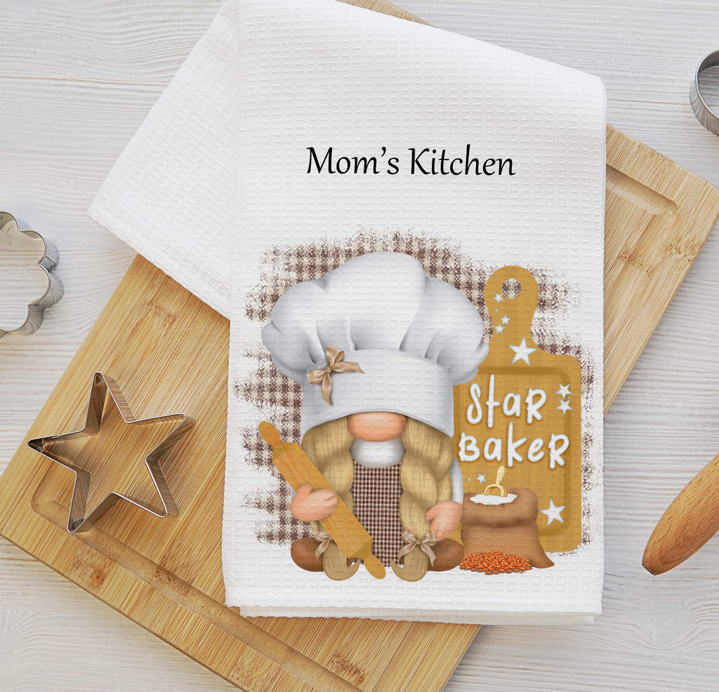 Star Baker Kitchen Towel featuring an adorable baking gnome with a rolling pin and farmhouse decor. Perfect for baking lovers, rustic kitchens, and chef gifts - Personalized Kreation