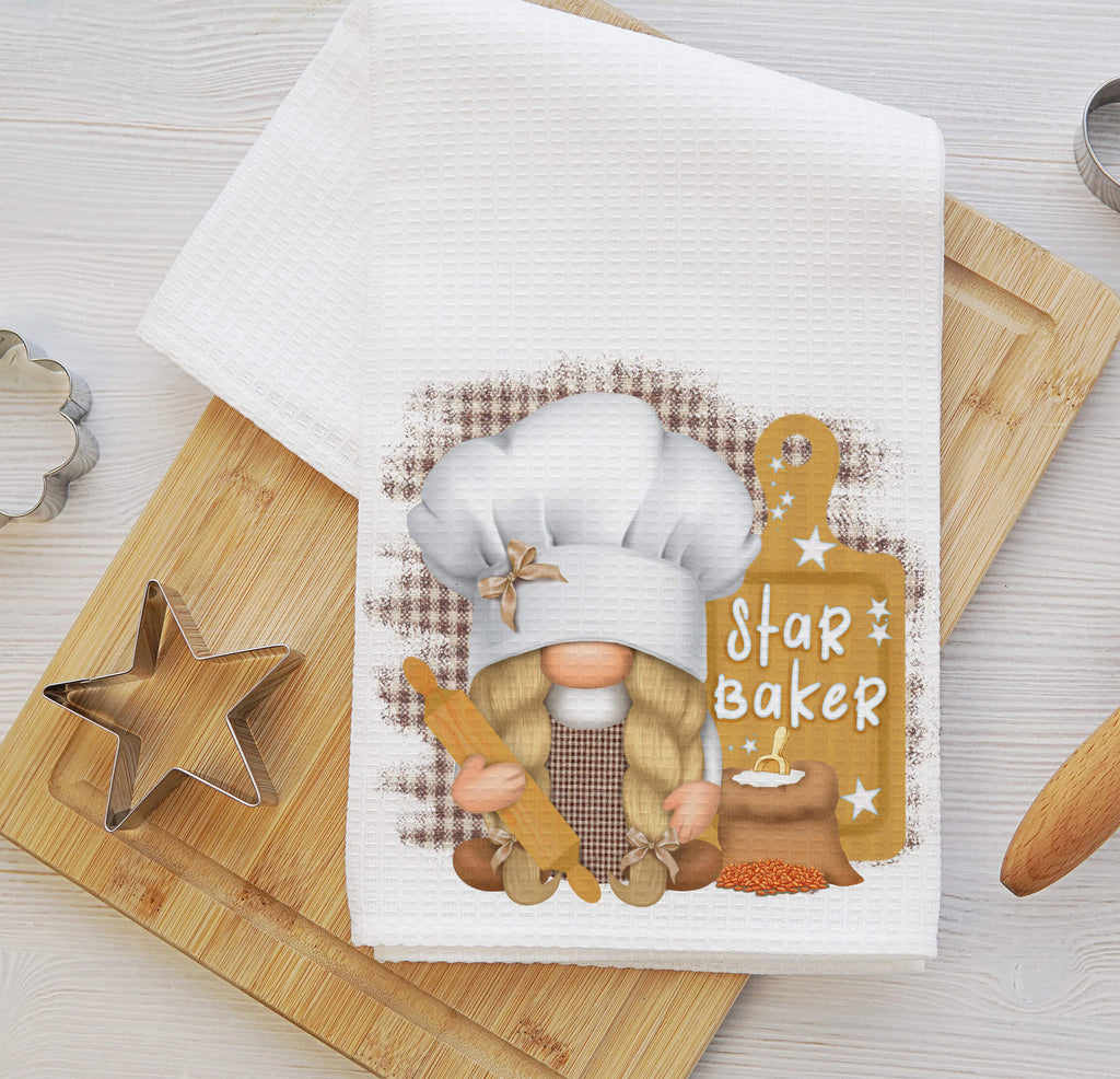 Star Baker Kitchen Towel featuring an adorable baking gnome with a rolling pin and farmhouse decor. Perfect for baking lovers, rustic kitchens, and chef gifts - Personalized Kreation