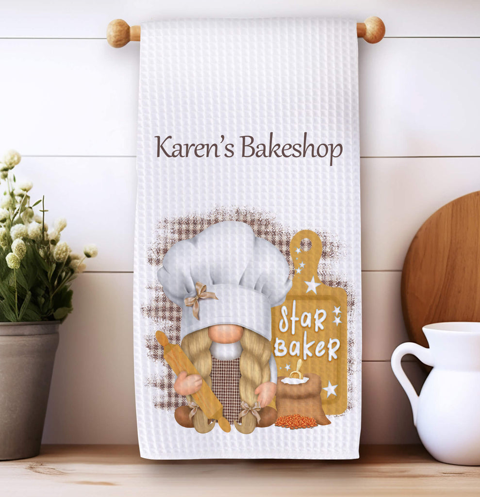 Personalized Star Baker Kitchen Towel featuring an adorable baking gnome with a rolling pin and farmhouse decor. Perfect for baking lovers, rustic kitchens, and chef gifts - Personalized Kreation