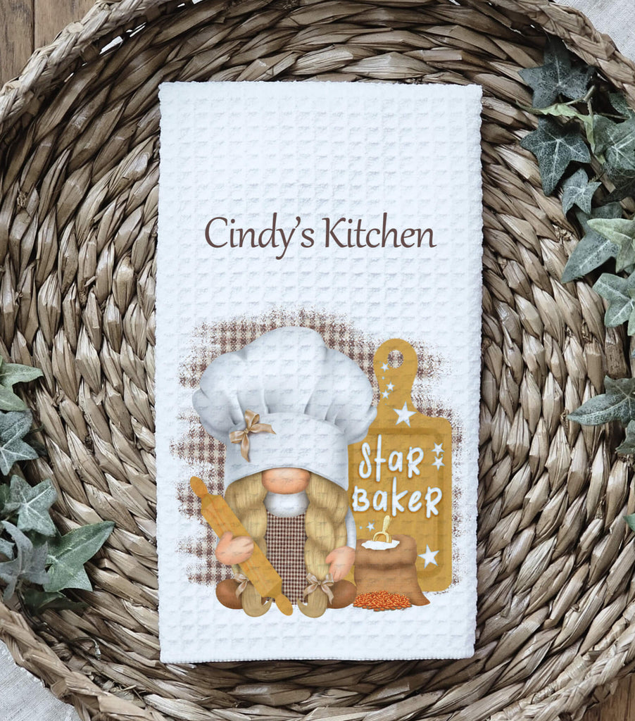 Personalized Star Baker Kitchen Towel featuring an adorable baking gnome with a rolling pin and farmhouse decor. Perfect for baking lovers, rustic kitchens, and chef gifts - Personalized Kreation