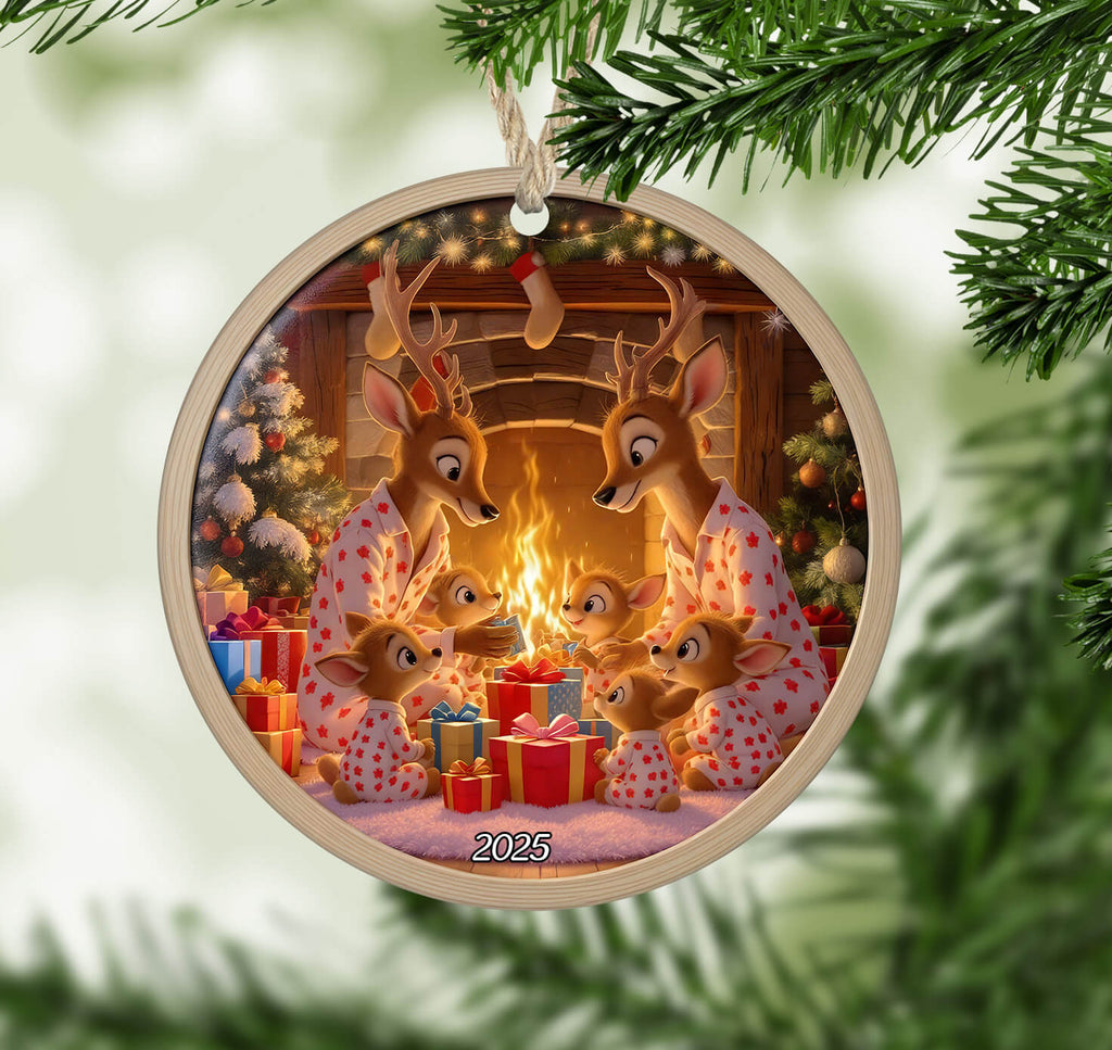Circular Christmas ornament with reindeer family around a fireplace, surrounded by festive decorations.
