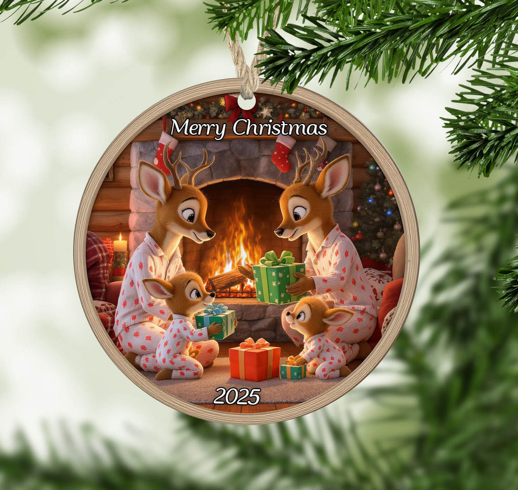 Christmas ornament with reindeer family by a fireplace, surrounded by presents, on a green Christmas tree background.