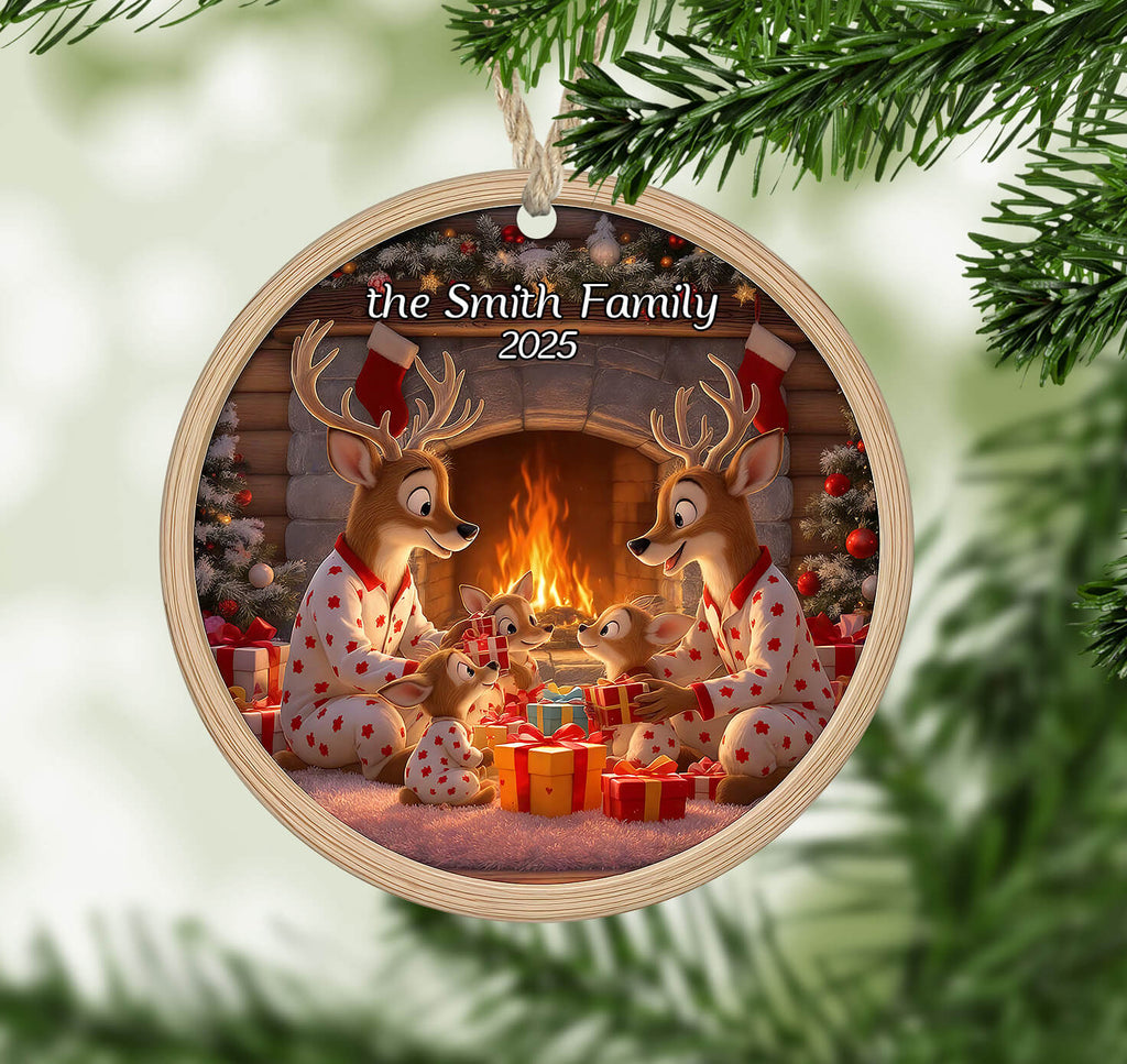 Circular Christmas ornament with reindeer family by a fireplace, personalized for 'the Smith Family' with the year '2025'.