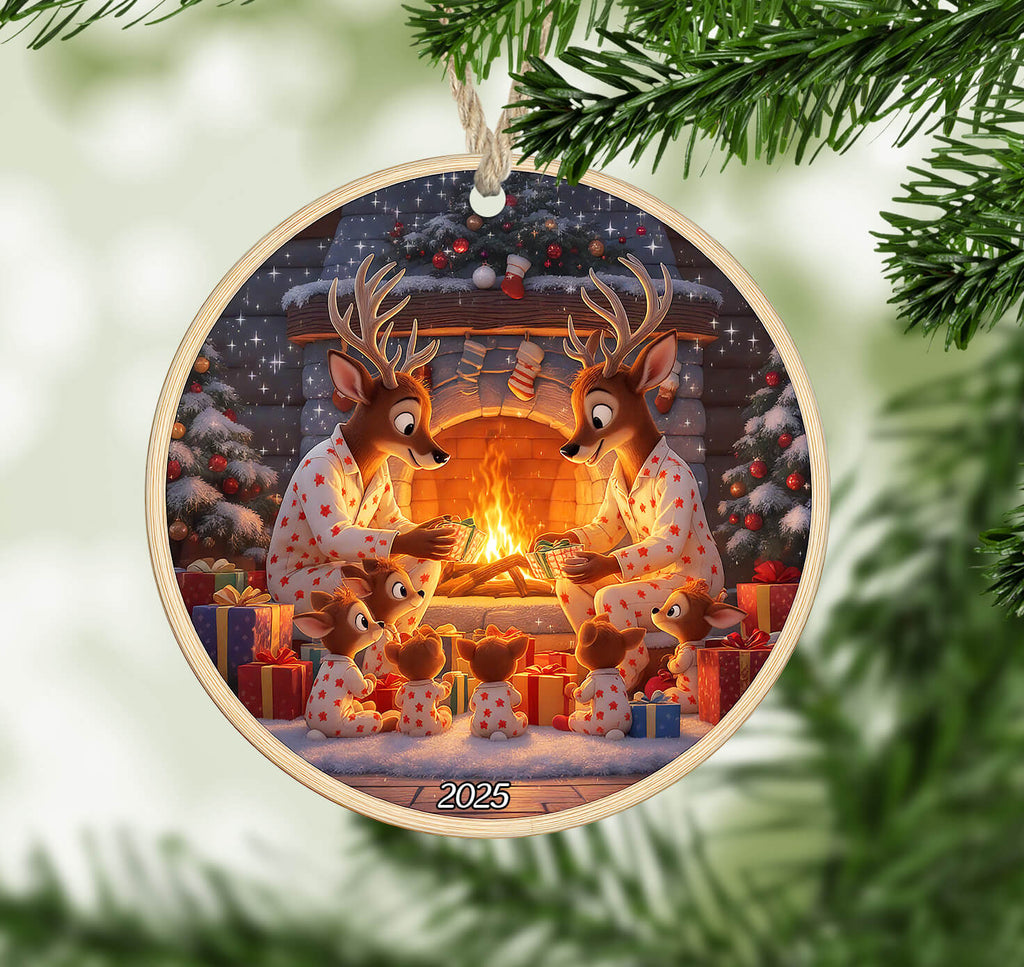 Christmas ornament with reindeer family by a fireplace, surrounded by presents, on a green Christmas tree background.
