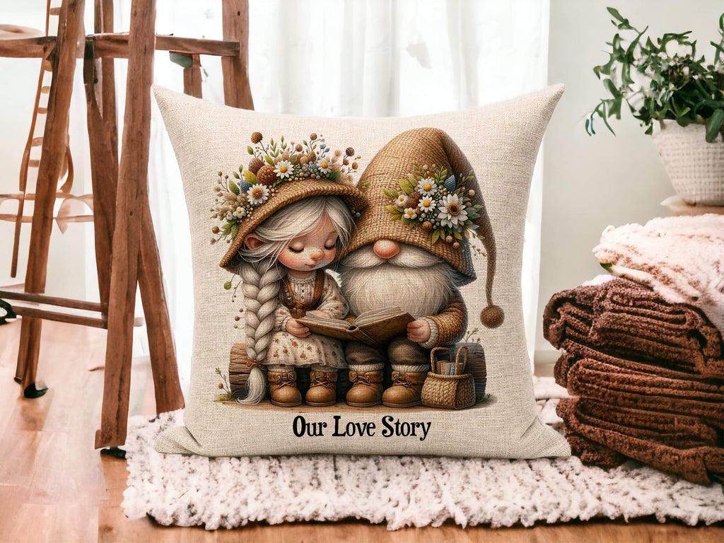 Personalized rustic gnome pillow with custom names, perfect for couples. 18x18 white canvas or natural beige with hidden zipper. Cozy boho farmhouse decor, ideal anniversary, wedding, or Valentine’s gift. Machine washable, tumble dry low