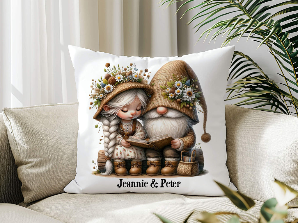 Personalized rustic gnome pillow with custom names, perfect for couples. 18x18 white canvas or natural beige with hidden zipper. Cozy boho farmhouse decor, ideal anniversary, wedding, or Valentine’s gift. Machine washable, tumble dry low