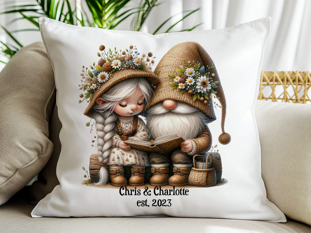 Personalized rustic gnome pillow with custom names, perfect for couples. 18x18 white canvas or natural beige with hidden zipper. Cozy boho farmhouse decor, ideal anniversary, wedding, or Valentine’s gift. Machine washable, tumble dry low